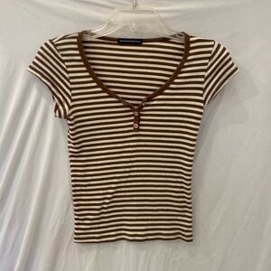 brandy melville zelly striped brown cream 3 button short sleeve top